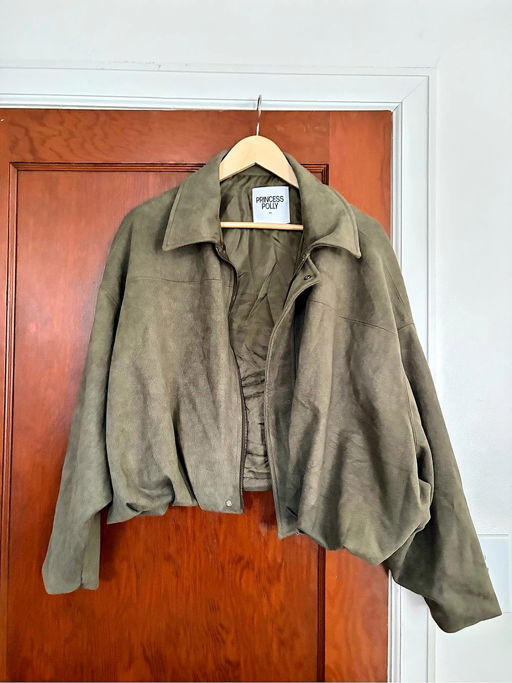 Princess Polly Enlightened Faux Suede Bomber Jacket Green Medium